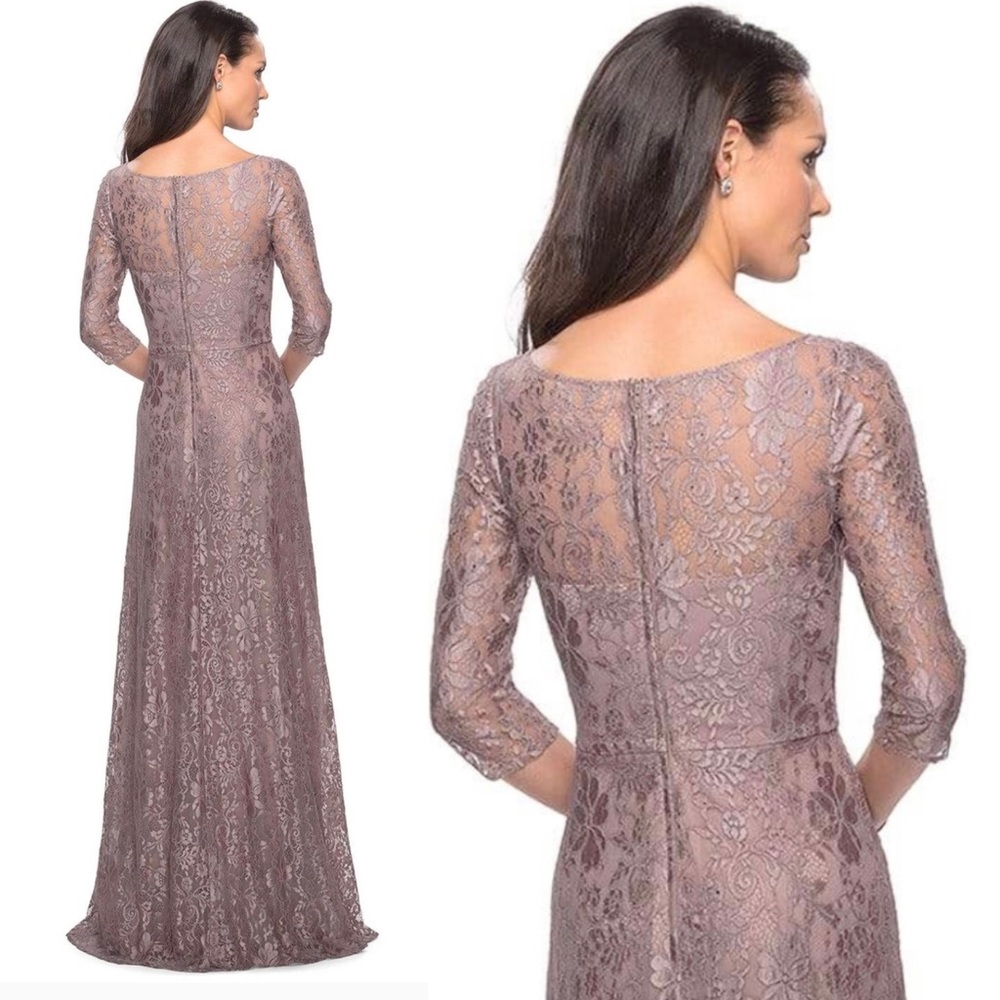 La Femme  Lace Quarter
Length Sleeve Bateau A-line
Dress size 6 Formal Gown - Picture 13 of 15